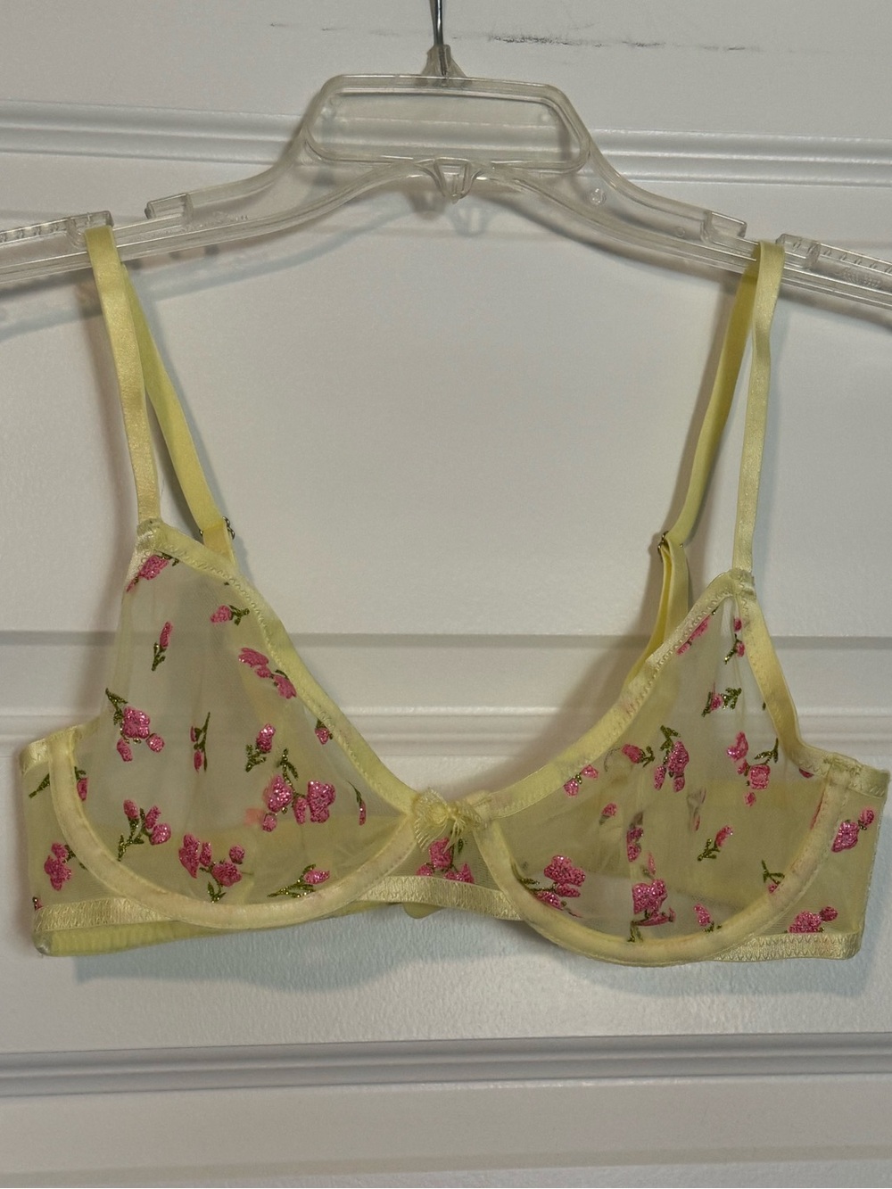 NWOT Savage Fenty lace bra size 34B 
Sheer Yellow with Floral Pink Embroidery